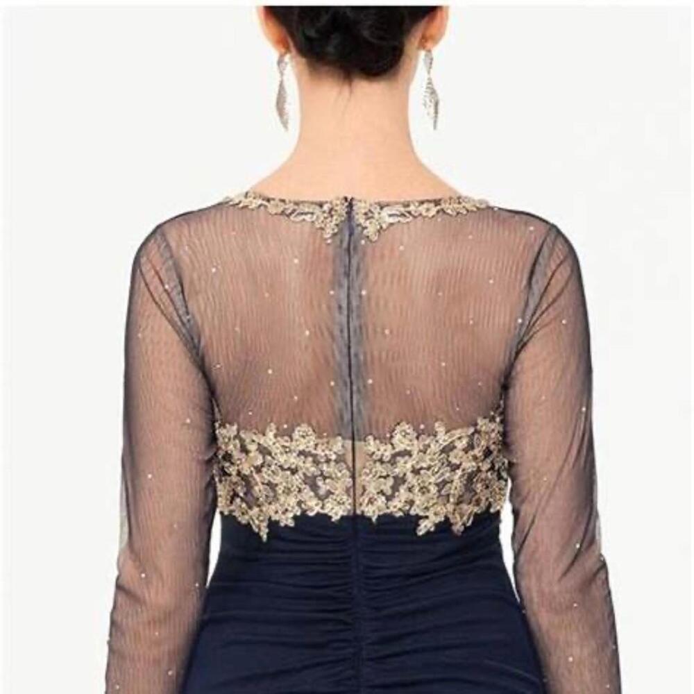 XSCAPE  Embellished Illusion-Bodice Ruched Gown Long Sleeve Modest sz 10P NWT - Picture 12 of 12